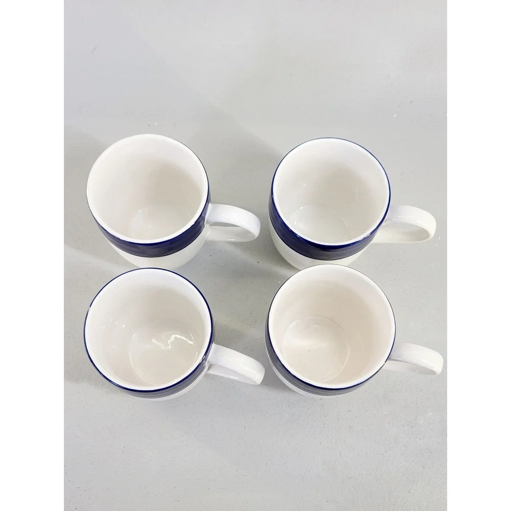 Pottery Barn Coffee Mugs Set of 4 White Navy Blue Ribbed Stoneware E
